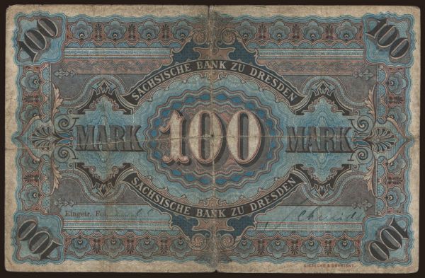 Nemecko, Länderbanknoten, 1871-1935: Sächsische Bank zu Dresden, 100 Mark, 1890