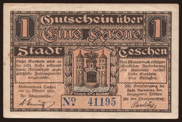 Europe, Poland, Poland - Local issues: Teschen, 1 Krone, 1919