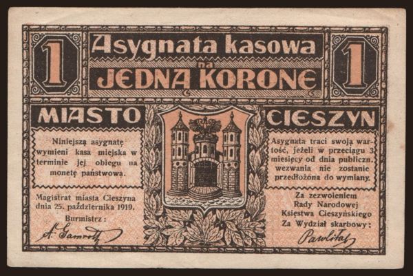 Europe, Poland, Poland - Local issues: Teschen, 1 Krone, 1919