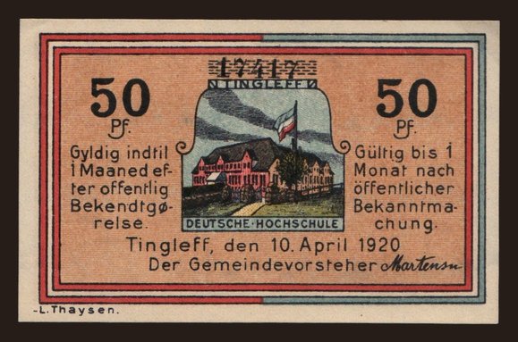 Europe, Denmark, Denmark - Emergency issues: Tinglev/ Gemeinde, 50 Pfennig, 1920