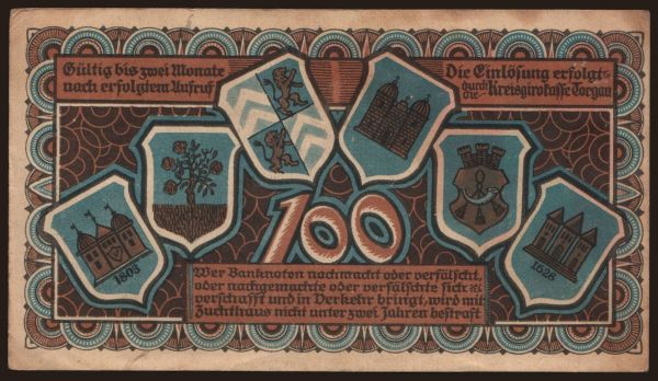 Germany, Grossgeld, Inflation, 1922: Torgau/ Kreis, 100 Mark, 1922