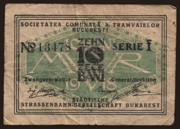 Europe, Romania: Tramvaiele Comunale, 10 bani, 1918