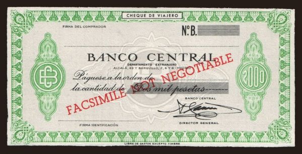 Periférie, Cestovné šeky, Spanielsko: Travellers cheque, Banco Central, 2000 pesetas, specimen