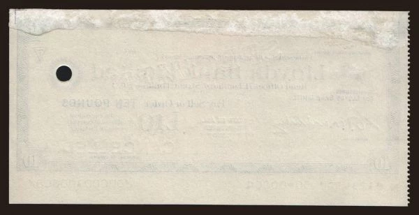 Peripheries, Traveller's cheque, United Kingdom: Travellers cheque, Lloyds Bank Limited, 10 pounds, specimen