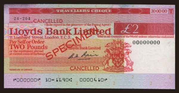 Periférie, Cestovné šeky, Spojené Kráľovstvo: Travellers cheque, Lloyds Bank Limited, 2 pounds, specimen