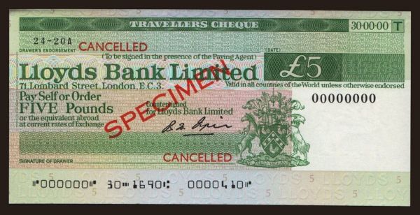 Periférie, Cestovné šeky, Spojené Kráľovstvo: Travellers cheque, Lloyds Bank Limited, 5 pounds, specimen