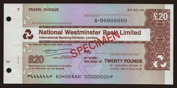 Periférie, Cestovné šeky, Spojené Kráľovstvo: Travellers cheque, National Westminster Bank Limited, 20 pounds, specimen