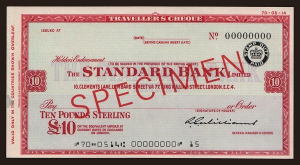 Perifériák, Utazási utalványok, Egyesült Királyság: Travellers cheque, Standard Bank, 10 pounds, specimen