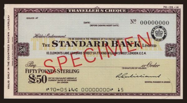 Perifériák, Utazási utalványok, Egyesült Királyság: Travellers cheque, Standard Bank, 50 pounds, specimen