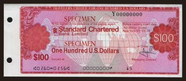 Periférie, Cestovné šeky, USA: Travellers cheque, Standard Chartered Bank, 100 dollars, specimen