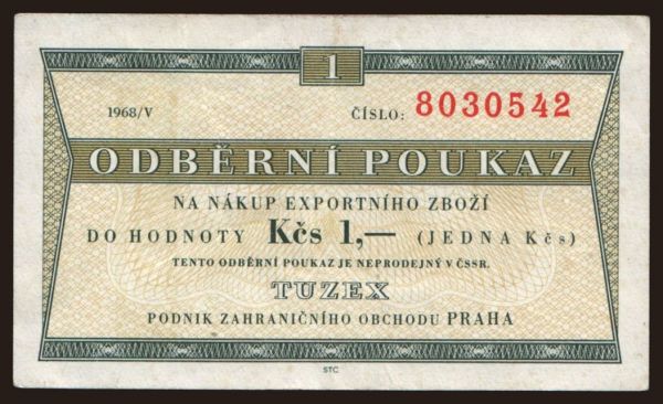 Csehszlovákia és utódállamai, Egyéb: Tuzex, 1 koruna, 1968