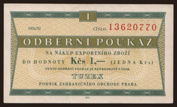 Csehszlovákia és utódállamai, Egyéb: Tuzex, 1 koruna, 1976