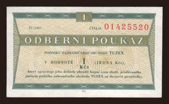 Csehszlovákia és utódállamai, Egyéb: Tuzex, 1 koruna, 1981