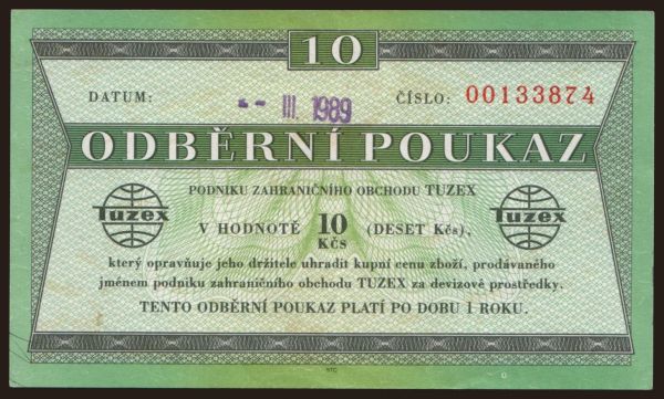 Czechoslovakia and successor states, Miscellaneous: Tuzex, 10 korun, 1989