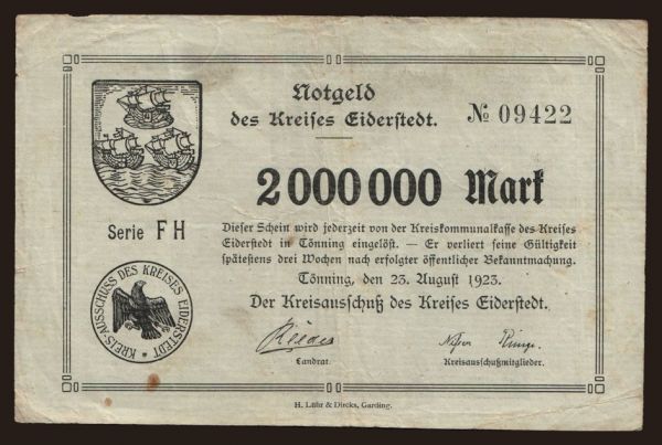 Germany, Grossgeld, Inflation, 1923: Tönning/ Kreisausschuss des Kreises Eiderstedt, 2.000.000 Mark, 1923