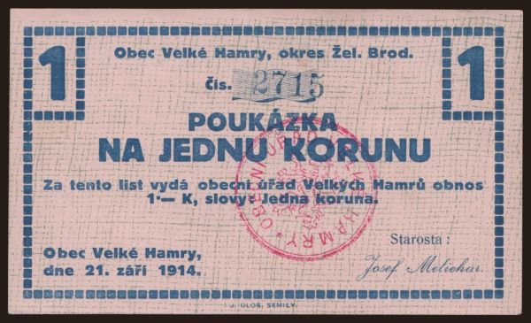 Czechoslovakia and successor states, Local issues: Velké Hamry, 1 koruna, 1914