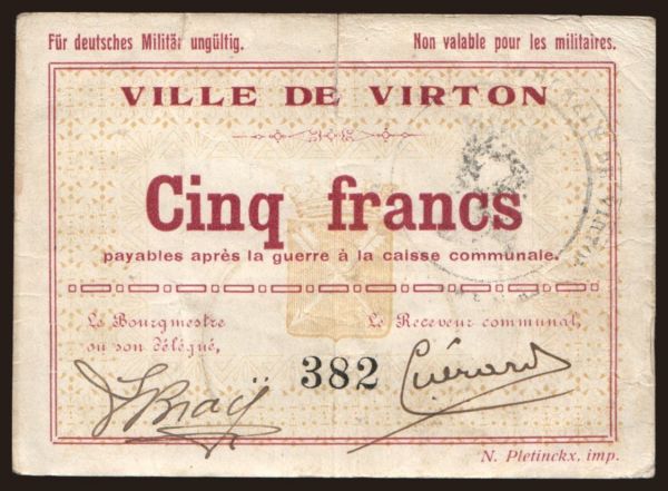 Europe, Belgium, Belgium - Emergency issues: Virton, 5 francs, 191?