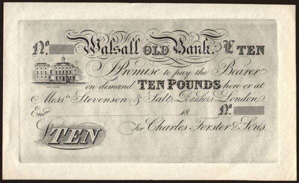 Europe, United Kingdom, England: Walsall Old Bank, 10 Pounds, 18??