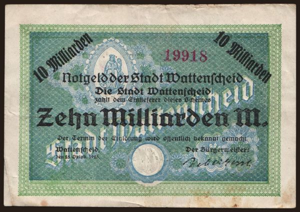 Nemecko, Grossgeld, Inflation, 1923: Wattenscheid/ Stadt, 10.000.000.000 Mark, 1923