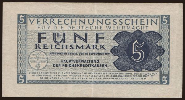 Nemecko, Okupačné & Vojenské (1939-1945): Wehrmacht, 5 Reichsmark, 1944