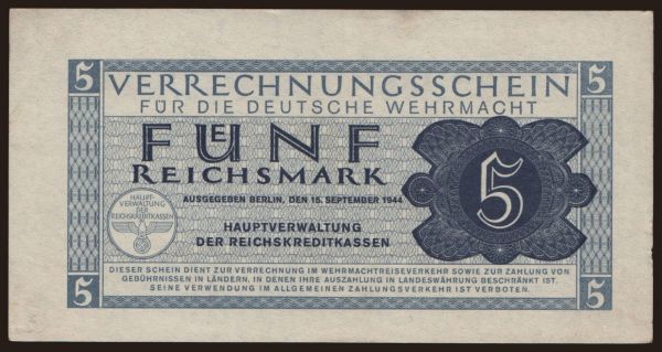 Germany, Occupation & Military (1939-1945): Wehrmacht, 5 Reichsmark, 1944