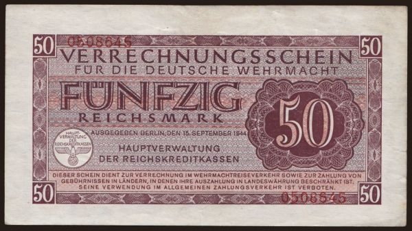 Nemecko, Okupačné & Vojenské (1939-1945): Wehrmacht, 50 Reichsmark, 1944