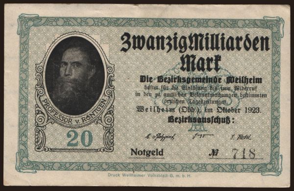 Nemecko, Grossgeld, Inflation, 1923: Weilheim/ Bezirksgemeinde, 20.000.000.000 Mark, 1923