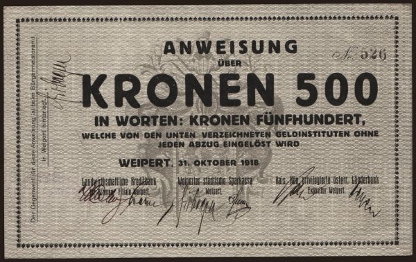 Csehszlovákia és utódállamai, Helyi kiadások: Weipert, 500 Kronen, 1918