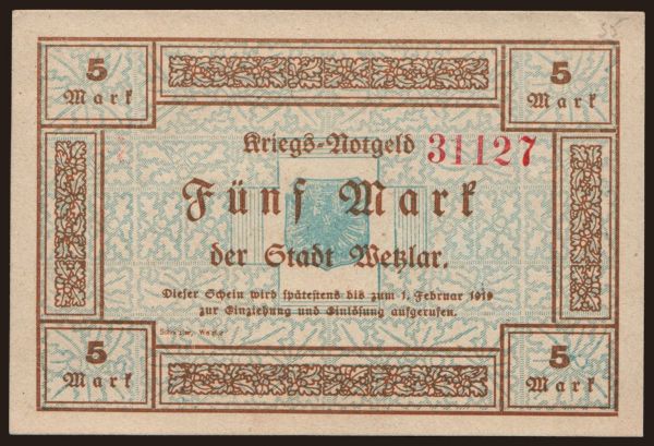 Németország, Grossgeld, Inflation, 1918-1920: Wetzlar/ 5 Mark, 1918