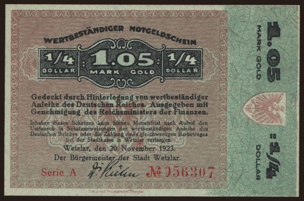 Germany, Goldmark, Goldpfennig, Dollar 1923: Wetzlar/ Stadt, 1.05 Mark Gold, 1923