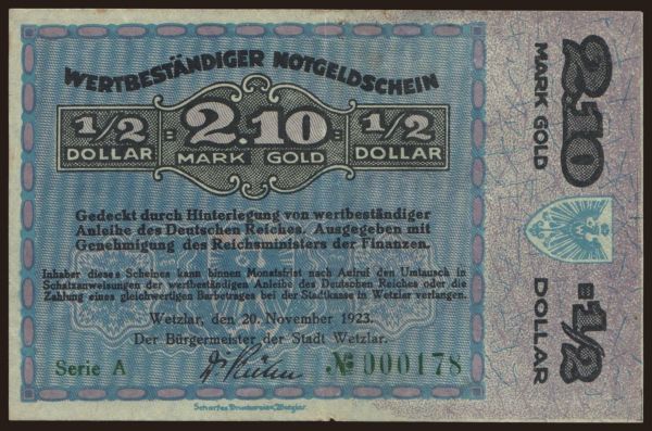 Germany, Goldmark, Goldpfennig, Dollar 1923: Wetzlar/ Stadt, 2.10 Mark Gold, 1923