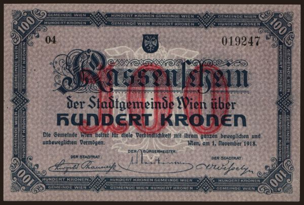 Austria and Austro-Hungary, Notgeld - Kronen (1914-1923): Wien, 100 Kronen, 1918