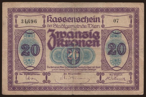 Rakúsko a Rakúsko-Uhorsko, Notgeld - Kronen (1914-1923): Wien, 20 Kronen, 1918