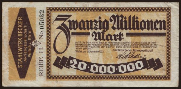 Nemecko, Grossgeld, Inflation, 1923: Willich/ Stahlwerk Becker A.G.m, 20.000.000 Mark, 1923