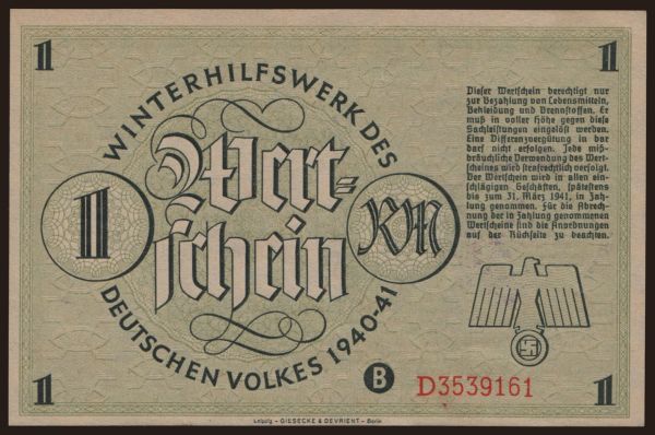 Germany, Miscellaneous: Winterhilfswerk, 1 Reichsmark, 1940