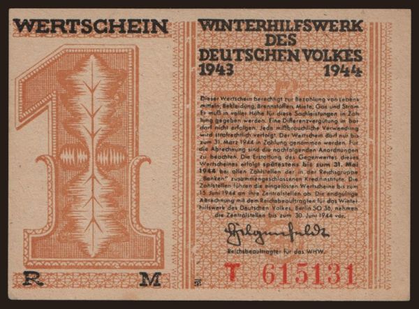 Nemecko, Rôzne: Winterhilfswerk, 1 Reichsmark, 1943