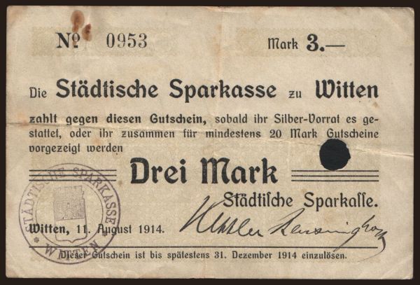 Germany, Notgeld, 1914-1915: Witten/ Städtische Sparkasse, 3 Mark, 1914