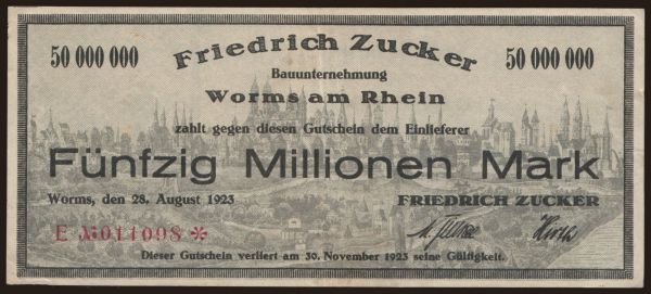 Nemecko, Grossgeld, Inflation, 1923: Worms/ Friedrich Zucker, 50.000.000 Mark, 1923