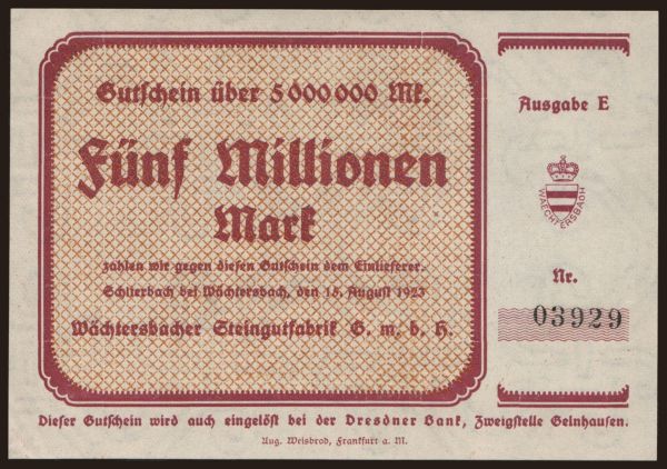 Németország, Grossgeld, Inflation, 1923: Wächtersbach/ Wächtersbacher Steingutfabrik G.m.b.h, 5.000.000 Mark, 1923