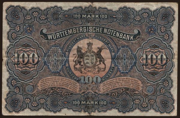 Németország, Länderbanknoten, 1871-1935: Württembergische Notenbank, 100 Mark, 1911