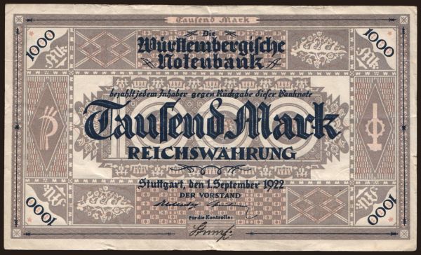 Nemecko, Länderbanknoten, 1871-1935: Württembergische Notenbank, 1000 Mark, 1922