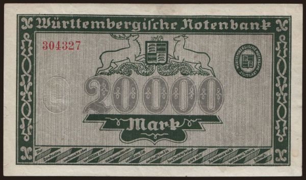 Németország, Länderbanknoten, 1871-1935: Württembergische Notenbank, 20.000 Mark, 1923