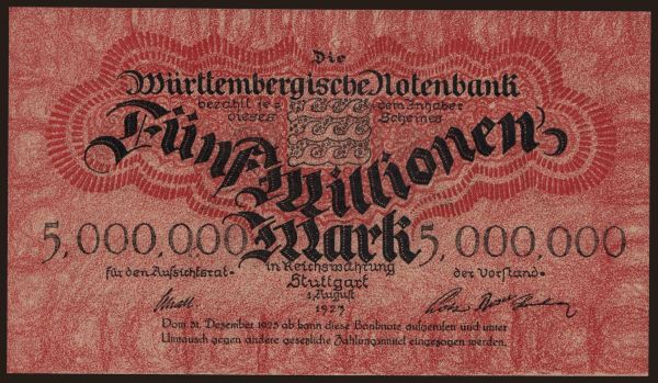 Nemecko, Länderbanknoten, 1871-1935: Württembergische Notenbank, 5.000.000 Mark, 1923