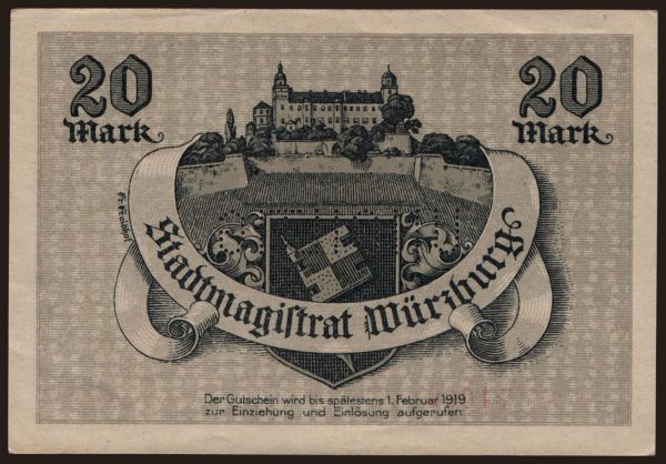 Németország, Grossgeld, Inflation, 1918-1920: Würzburg/ Stadt, 20 Mark, 1918