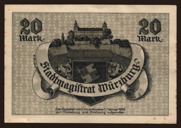 Németország, Grossgeld, Inflation, 1918-1920: Würzburg/ Stadt, 20 Mark, 1918