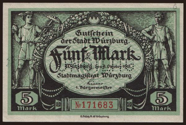 Nemecko, Grossgeld, Inflation, 1918-1920: Würzburg/ Stadt, 5 Mark, 1918