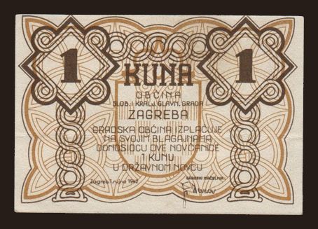 Európa, Juhoslávia, Juhoslávia - Núdzovky: Zagreb, 1 kuna, 1942