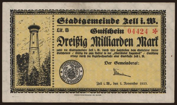 Nemecko, Grossgeld, Inflation, 1923: Zell/ Stadt, 30.000.000.000 Mark, 1923