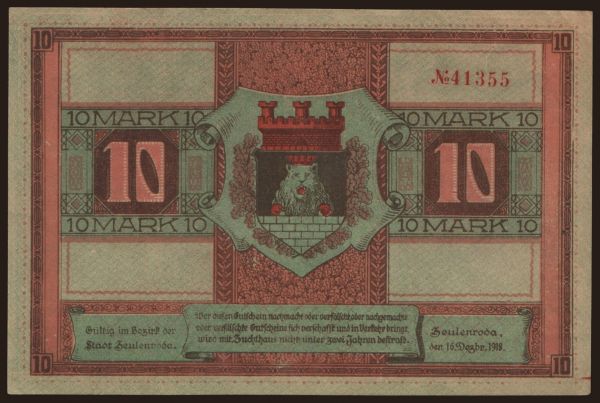 Németország, Grossgeld, Inflation, 1918-1920: Zeulenroda/ Stadt, 10 Mark, 1918