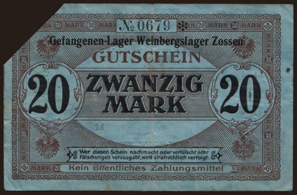 Nemecko, Kriegsgefangenenlager, 1915-1918: Zossen-Weinberge, 20 Mark, 191?